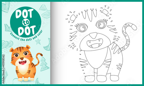 Connect the dots kids game and coloring page with a cute tiger character illustration