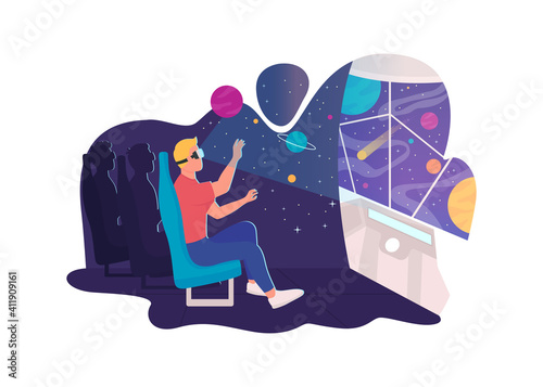 5d and 7d cinema 2D vector web banner, poster. Combination of special effects seat with traditional movies flat characters on cartoon background. Activity printable patch, colorful web element