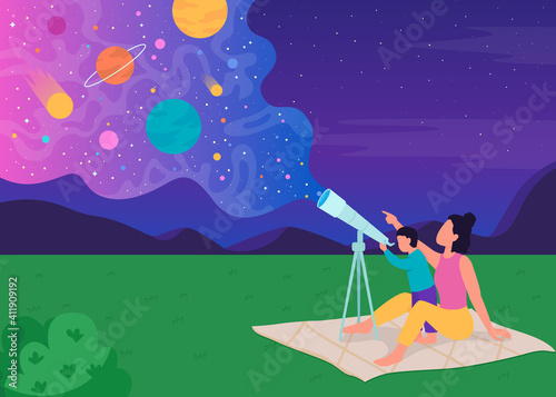 Family stargazing with telescope flat color vector illustration. Mother shows her children new planets in space 2D cartoon characters with beautiful night sky with stars on background