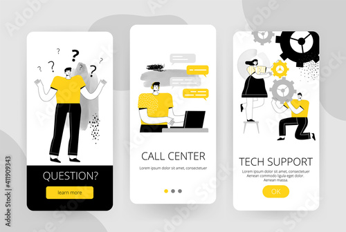 Set of screens for a mobile application. The user with a question contacts the call center and technical support