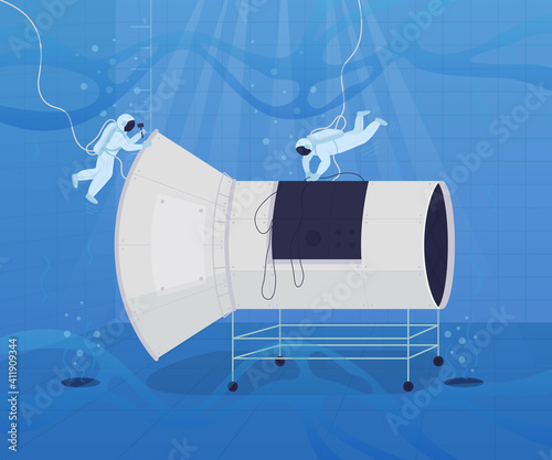 Underwater astronaut training flat color vector illustration. Complex process of preparing astronauts in regions around the world 2D cartoon characters with special measurement scales on background