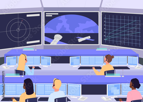 Mission control center flat color vector illustration. Facility that manages space flights from point of launch until landing 2D cartoon characters with big screen and devices on background