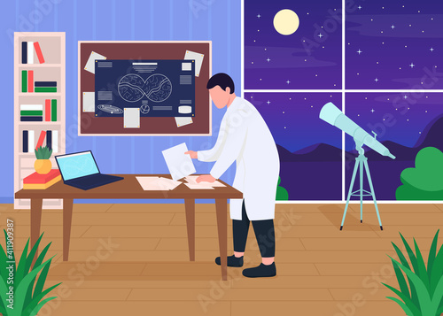 Astronomers workplace flat color vector illustration. Different science instruments and devices for space exploration. Smart person 2D cartoon characters with telescope on background