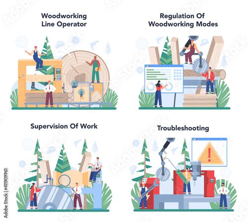 Wood industry concept set. Woodworking line operator as a forestry