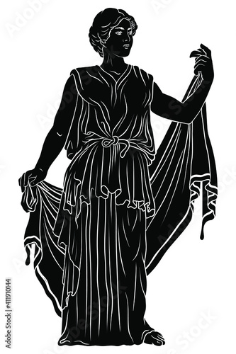 An ancient Greek young woman in a tunic and cape stands looks away and gestures.