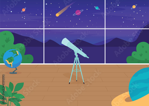 Astronomical observatory flat color vector illustration. Structure containing telescopes and auxiliary instruments to observe planets 2D cartoon interior with night sky with starts on background