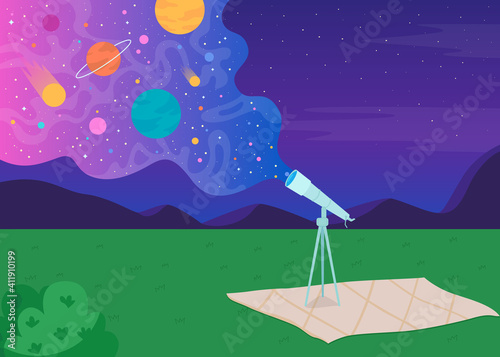 Looking into sky flat color vector illustration. Long modern powerful telescope for looking into sky for different planets 2D cartoon landscape with big snowy mountains on background