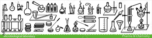 Set of microbiological lab icons. Miscellaneous laboratory devices and equipment. Vector Illustration