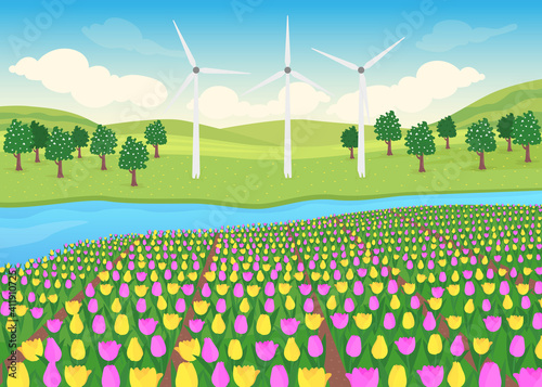 Tulips field flat color vector illustration. Beautiful countryside with big windmills. Peaceful place to live with rivere 2D cartoon landscape with forest with blooming trees on background