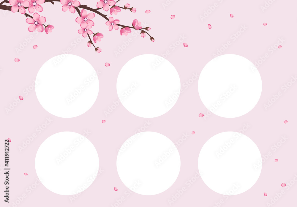 Discount card template with cherry blossom. Pink cute sakura flowers 