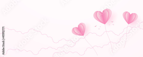 Valentine's day, love concept background, paper pink heart shaped balloons floating in the sky with cloud, blank space, paper art style © supakritleela
