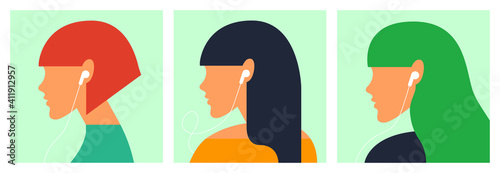 vector illustration of a girl listening to a podcast or online music using the phone isolated on pastel background. can be used as a web design element, icons, banners for music or podcast channels.