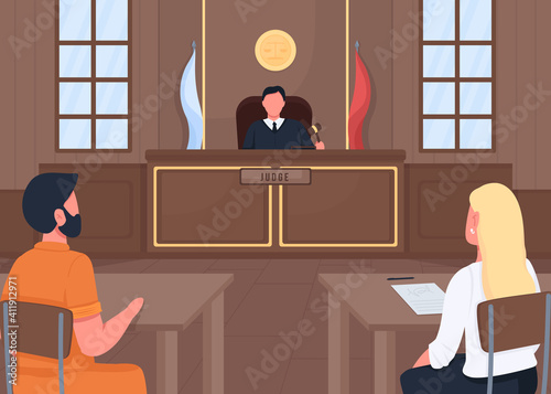 Courthouse flat color vector illustration. Judge listening lawyer who protects customer. Justice workers finding out truth 2D cartoon characters with modern courthouse on background