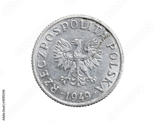 one Polish grosz coin on a white isolated background