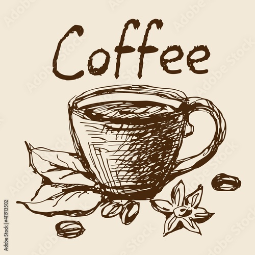 Cup of coffee with coffee beans