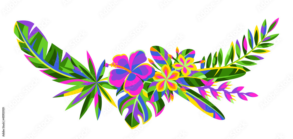 Obraz premium Decorative element with tropical flowers and palm leaves.