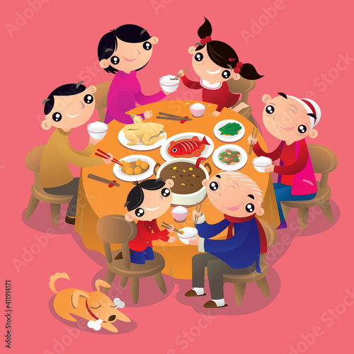 A Chinese family reunion dinner. It is a traditional practice of Chinese people to get all family members together and have a dinner to celebrate the festivals.