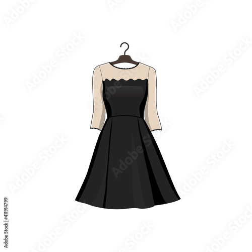 Black dress on hanger. Vector illustration. Fashion elegant clothing. Women clothes graphic isolated clip art.