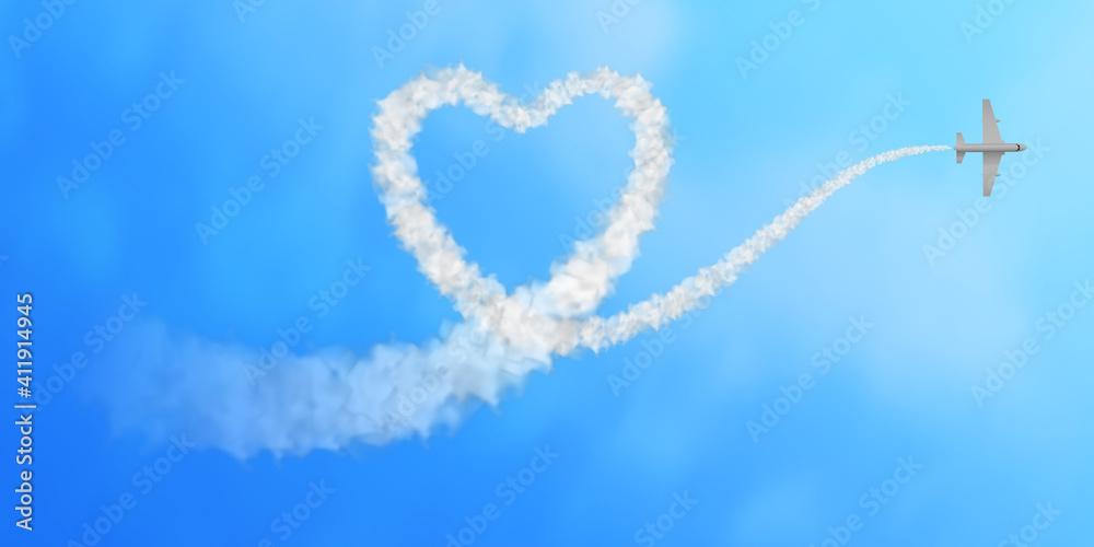 Vector illustration with the plane and white heart shaped smoke trail isolated on sky background. Good for Valentine's Day greeting cards, airshow posters, travel agency social media banners.