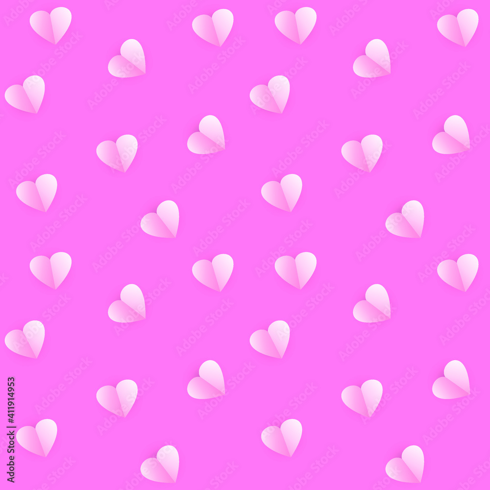 Volumetric pink hearts with a shadow on a pink background. Valentine's day seamless pattern. Vector illustration