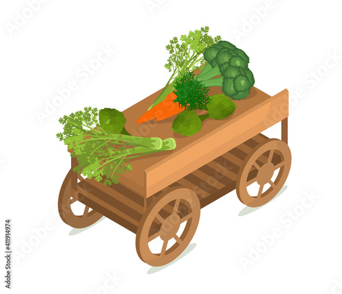 wooden cart with vegetables on a white background, illustration on the theme of the farmer's market