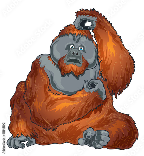 Orangutan cartoon illustration with bulky huge orange body