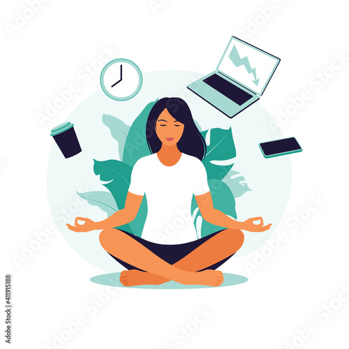 Business woman practicing meditation and yoga with office icons on the background. Time management concept. Vector illustration. Flat.