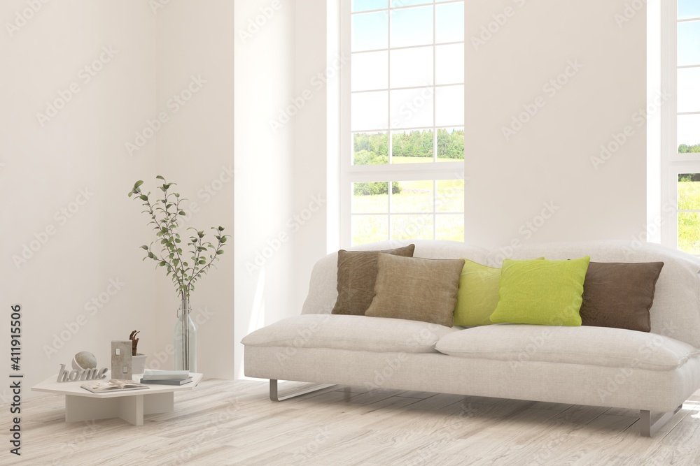 Fototapeta premium White living room with sofa and summer landscape in window. Scandinavian interior design. 3D illustration