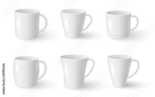 Mugs different shaped for coffee, tea realistic mockups set. Cups porcelain.