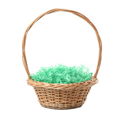 Easter basket with green paper filler isolated on white