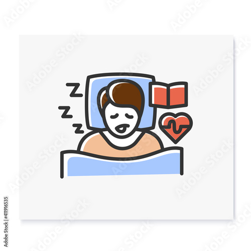 Experiences asleep color icon. Sleep disorder. Healthy sleeping concept. Sleep problems treatment. Reliving dreams. Health care. Isolated vector illustration