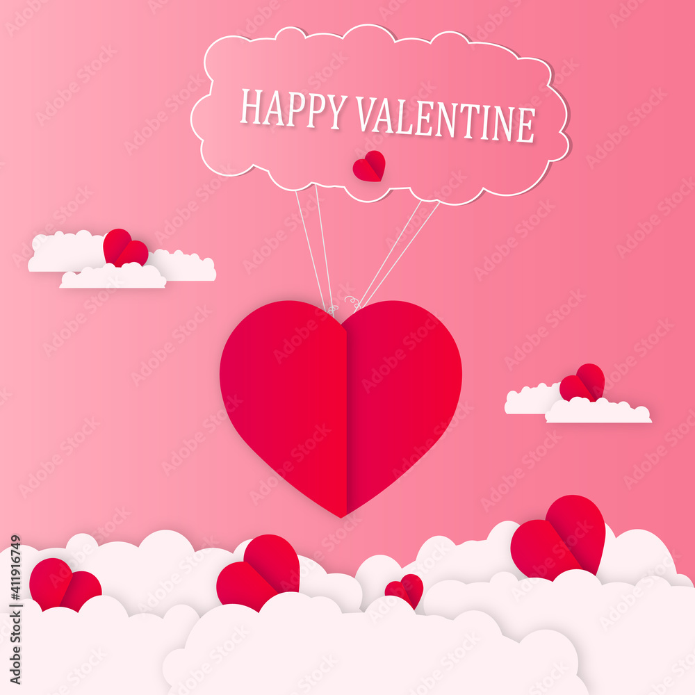 valentines day heart flying with cloud, colorful valentine design, vector