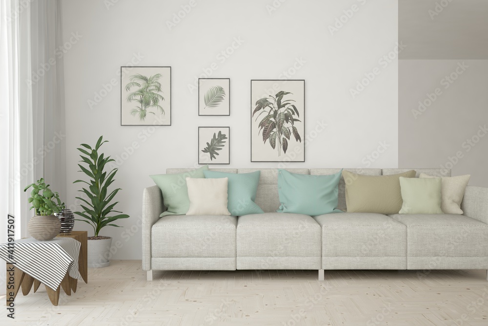 White living room with sofa. Scandinavian interior design. 3D illustration White living room with sofa. Scandinavian interior design. 3D illustration