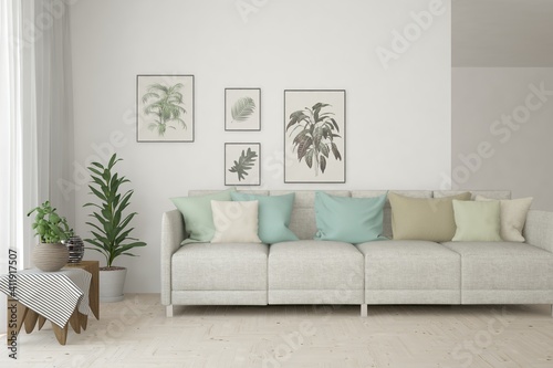 White living room with sofa. Scandinavian interior design. 3D illustration