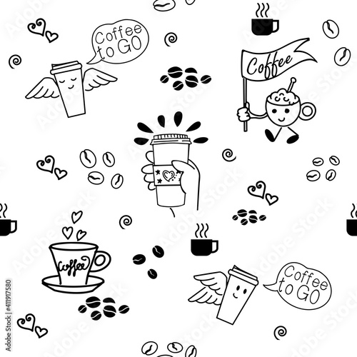 A set of pictures  coffee to go. Vector seamless pattern of doodle icons.