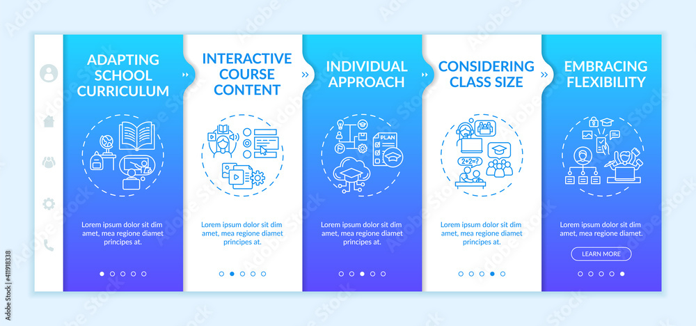 Online teaching tips onboarding vector template. Individual approach and considering class size. Responsive mobile website with icons. Webpage walkthrough step screens. RGB color concept