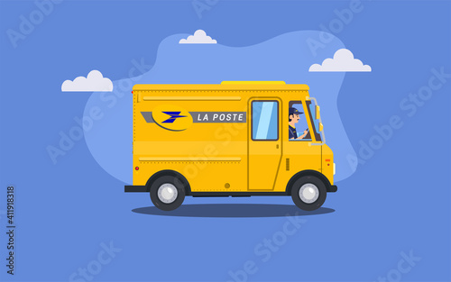 Yellow flat cartoon post or delivery van vehicle with driver or courier on purple background. Express mail delivery truck concept. Colors of France Post Mail. Vector illustration.