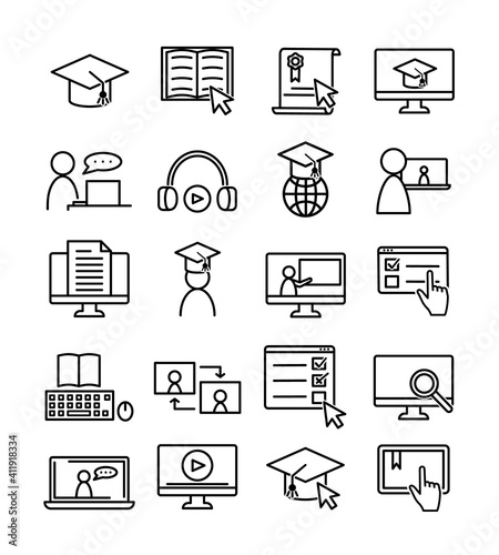 Sat of online education icons. Pictograms for web. Line stroke. Isolated on white background. Vector eps10. Online seminar, training.