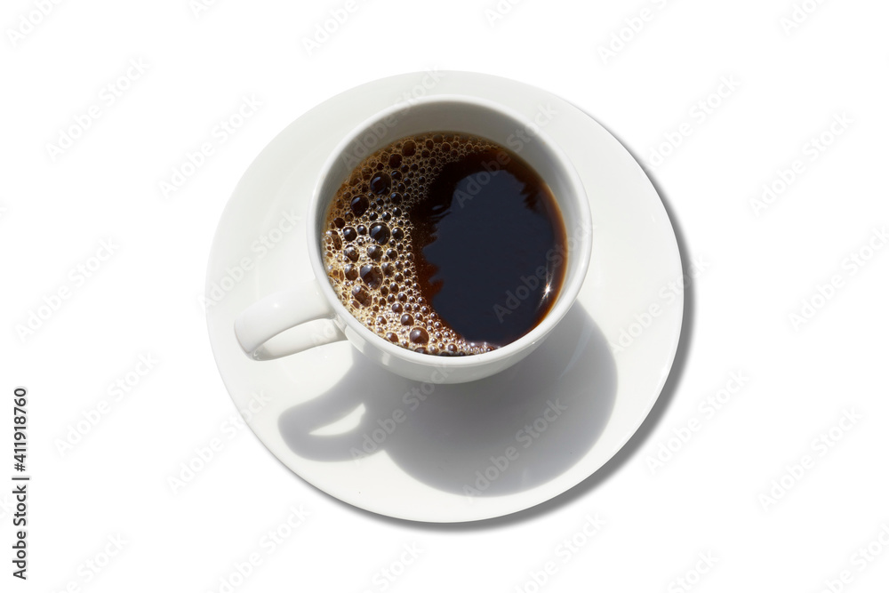 White cup of black coffee and spoon isolated on white background White cup of black coffee and spoon isolated on white background