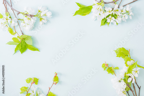Flat lay easter composition with spring flowers on a light background