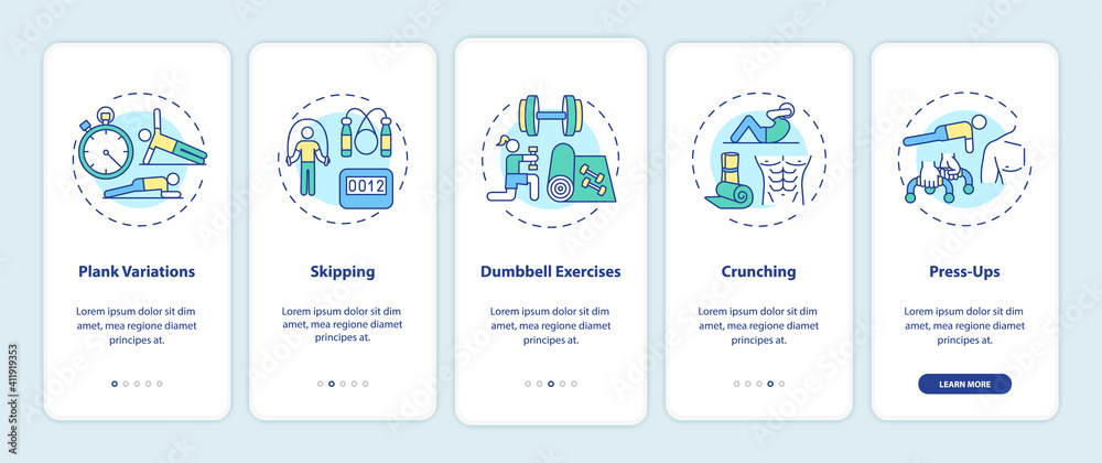 Best at home workouts onboarding mobile app page screen with concepts. Plank variations, skipping, crunching walkthrough 5 steps graphic instructions. UI vector template with RGB color illustrations Best at home workouts onboarding mobile app page screen with concepts. Plank variations, skipping, crunching walkthrough 5 steps graphic instructions. UI vector template with RGB color illustrations