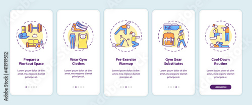 Home workout tips onboarding mobile app page screen with concepts. Fitness space, gym clothes, warmup walkthrough 5 steps graphic instructions. UI vector template with RGB color illustrations