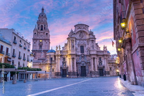 Cathedral of Santa Maria in Murcia at sunrise. Tourism or travel to Murcia concept.