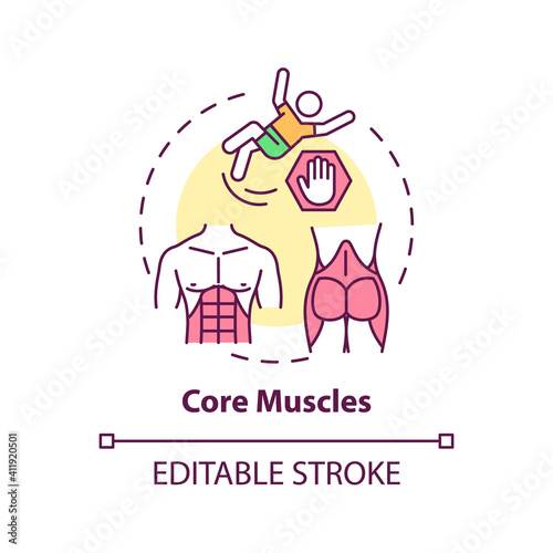 Core muscles concept icon. Physical training type idea thin line illustration. Core-strength exercises. Tightening abdominal muscles. Vector isolated outline RGB color drawing. Editable stroke