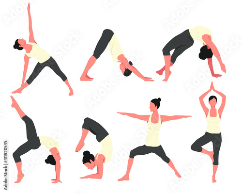 vector set yoga asanas. Young girl in different poses practicing pilates