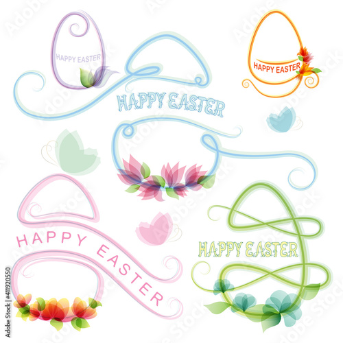 Ornate easter eggs; vector set of  flowers, butterflies, scrolls and swirls on white background; decorative elements for christian cards; easter design