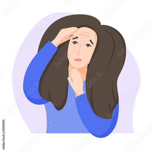 Woman found first wrinkles, worry about getting old, dissatisfaction with oneself, appearance-related social pressure and ageism issue, flat style. Vector 