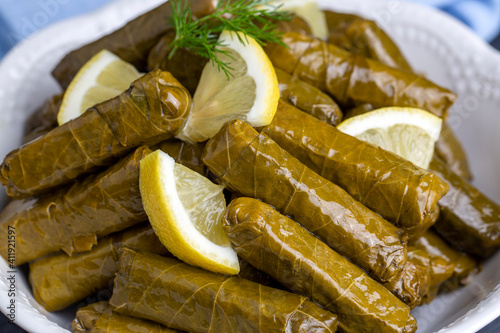 Traditional delicious Turkish foods; stuffed leaves (yaprak sarmasi) photo