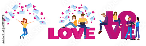Set of online love, dating on the Internet. Company information, user interface, user interface element, customer assistance, contact us abstract metaphor.