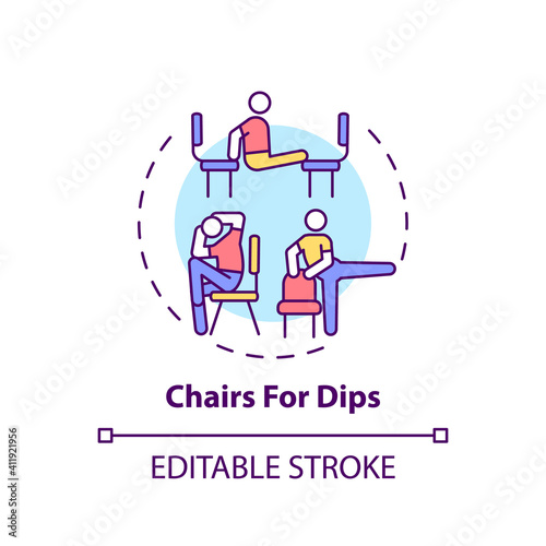 Chairs for dips concept icon. Gym exercise alternative idea thin line illustration. Extending elbow, forearm. Chest-strengthening exercises. Vector isolated outline RGB color drawing. Editable stroke